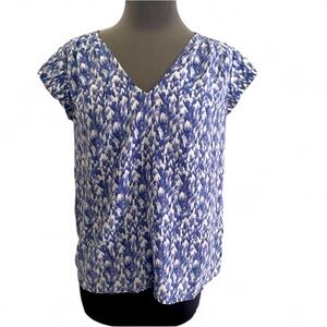 JOIE FAELA BLUE WHITE ABSTRACT PRINT V NECK SHORT SLEEVE 100% SILK BLOUSE XS